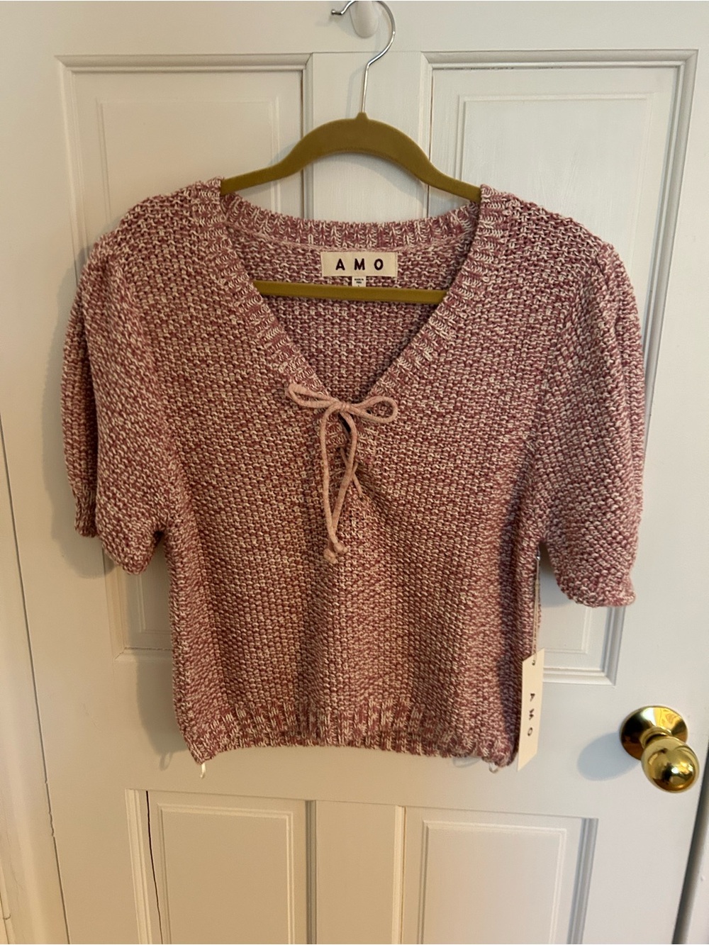 AMO Pink and Cream Marled Knit V-Neck Sweater